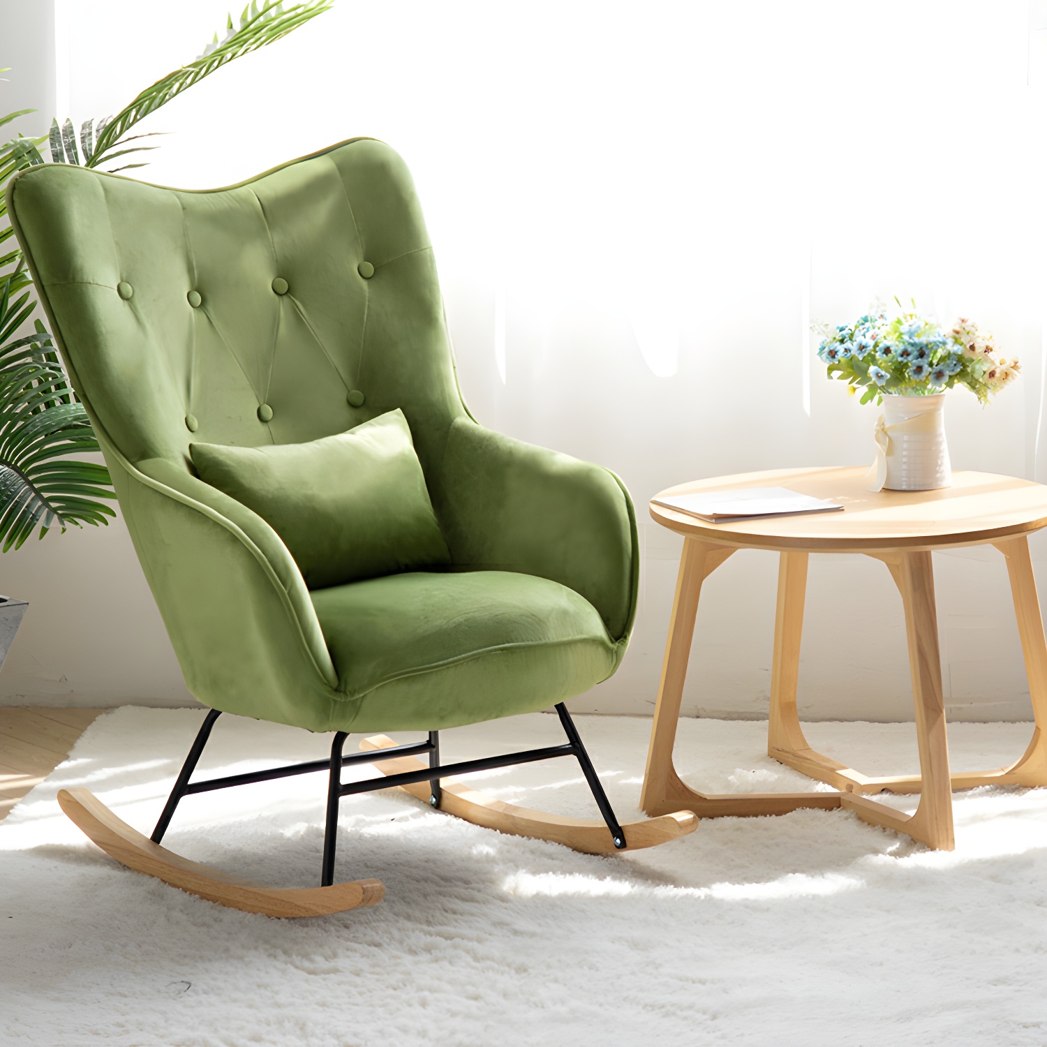 Stylish Modern Upholstered Rocking Chair with Natural Wood Legs and Tufted Back Cushion - image 11