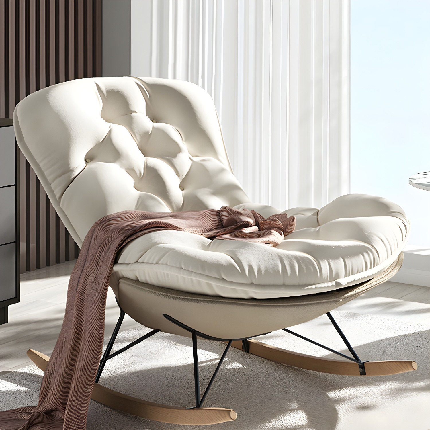 Stylish and Comfortable Modern Upholstered Indoor Rocking Chair with Natural Wood Legs