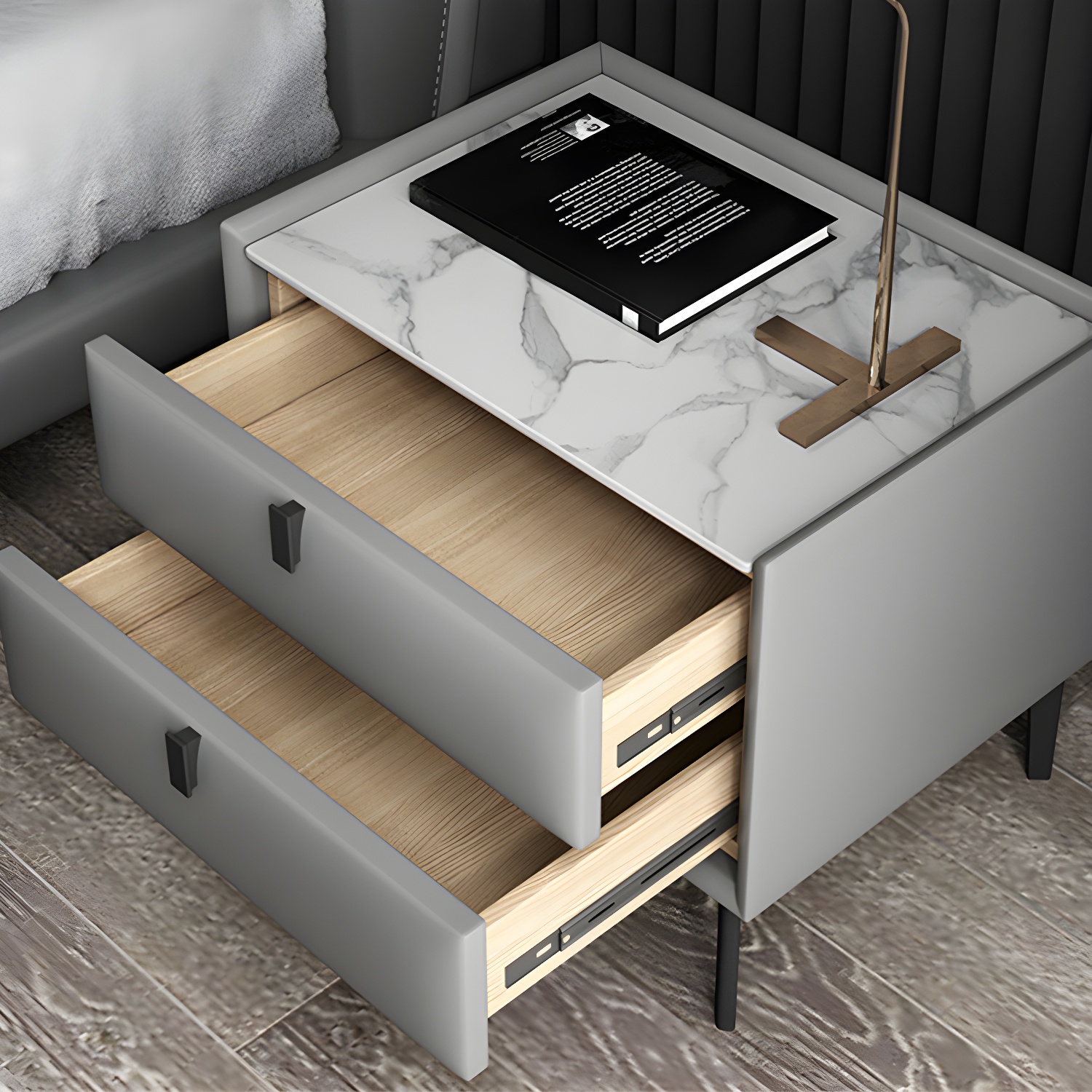 Solid Wood Bedside Table, Modern 2 - Drawer Stone Top Nightstand - image 16