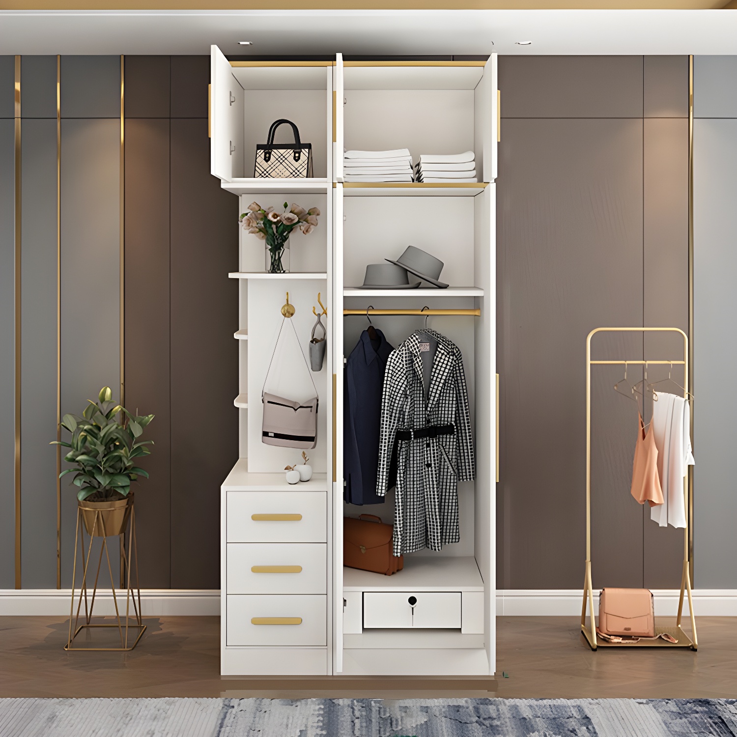 Contemporary Style Wardrobe Wooden Wardrobe Closet with Drawer - image 13