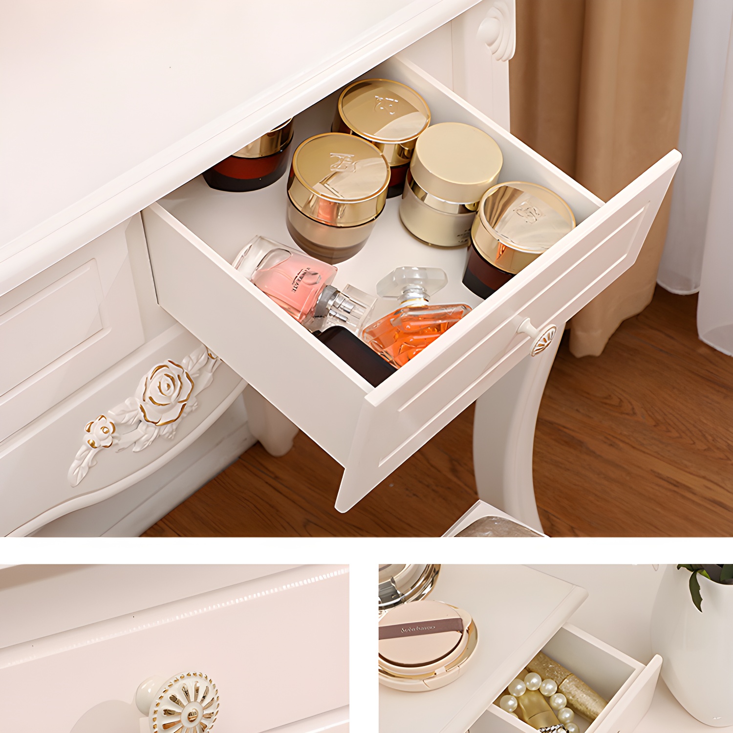 Victorian Bedroom With Drawer Mirror Solid Wood Makeup Vanity Set - image 11