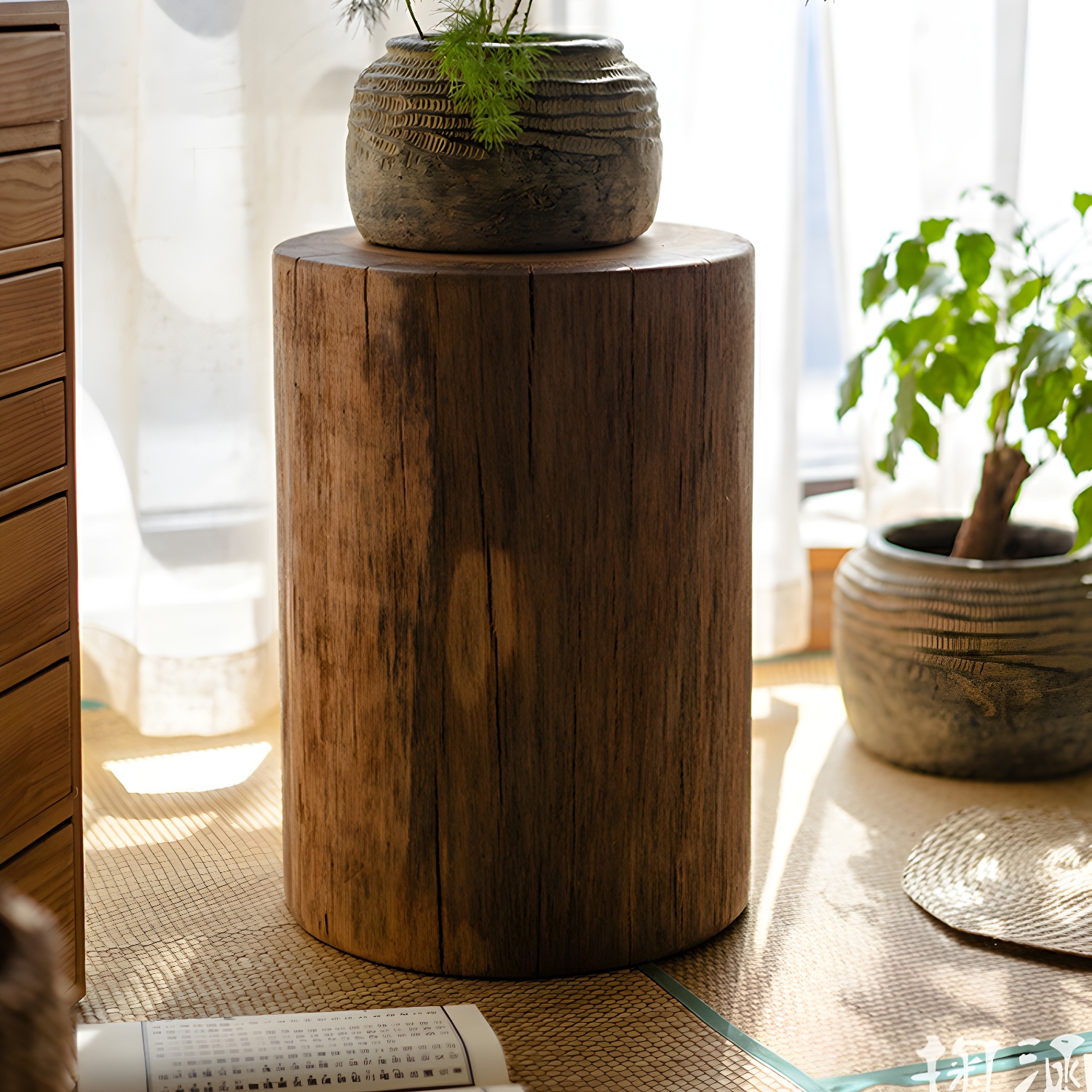 Round Wood Mid-Century Modern Coffee Table with Drum Base and Distressed Finish - image 6