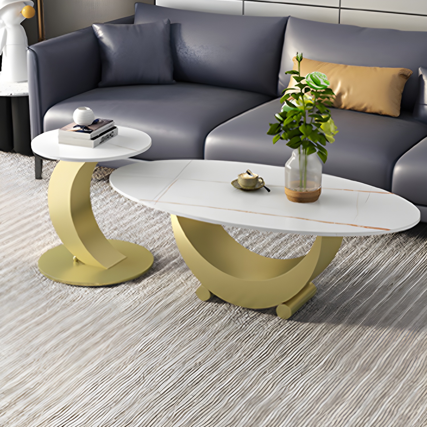 2 Piece Nesting Tables Oval Minimalist Modern Coffee Table Set - image 14