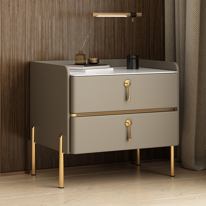 Stylish/Art Deco Drawer Storage Nightstand with 2 Drawers, Stone Countertop, and Leg