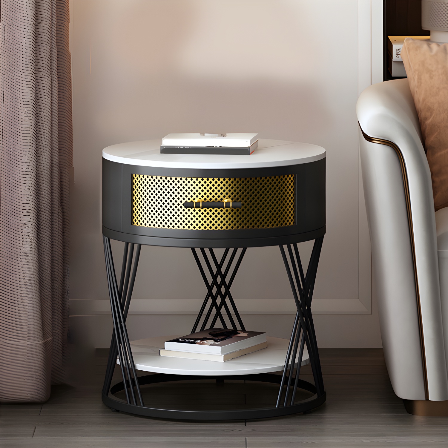 Glam Stone Top Night Table Open Storage 1-Drawer Metal Legs Included Nightstand - image 5