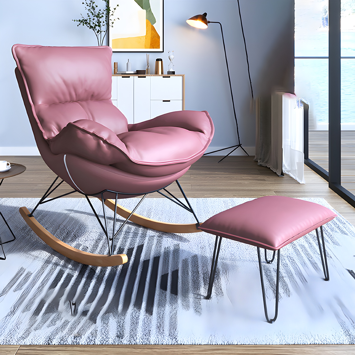 Contemporary Rocker Chair Antique Finish Rocking Chair with Ottoman - image 12