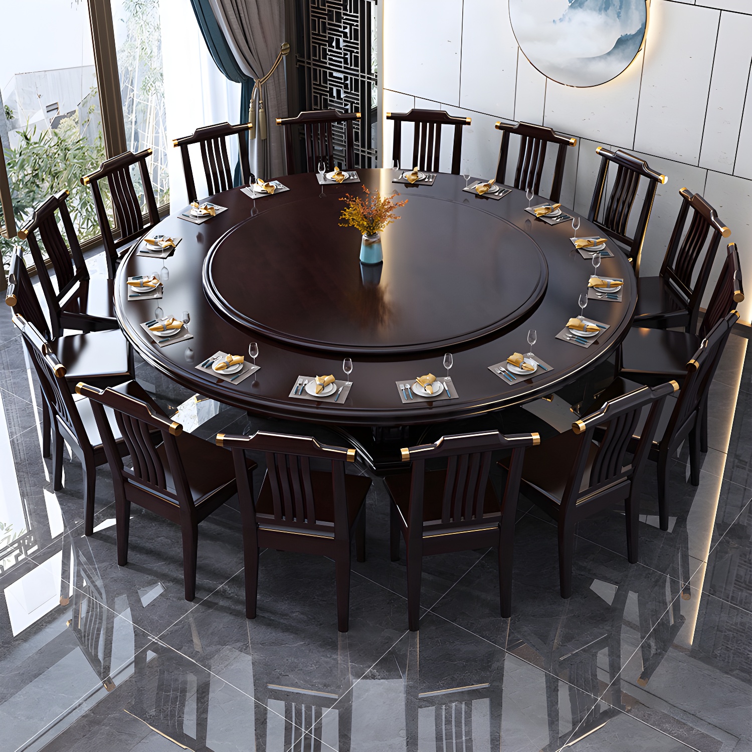 Round Solid Wood Dining Table Modern Turntable Furniture with Pedestal Base - image 7