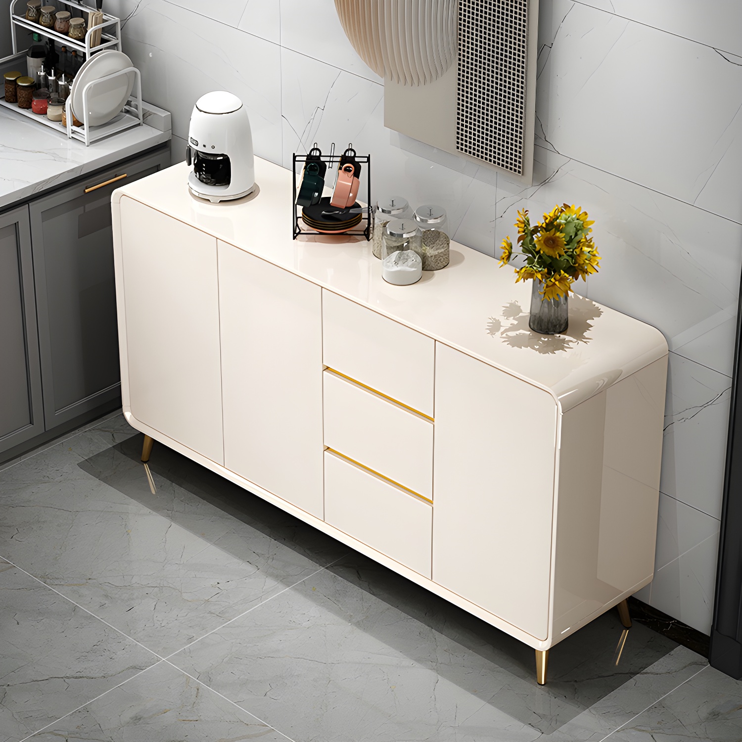 White Glam Sideboard Credenza with Adjustable Shelving and 3 Drawers - image 3