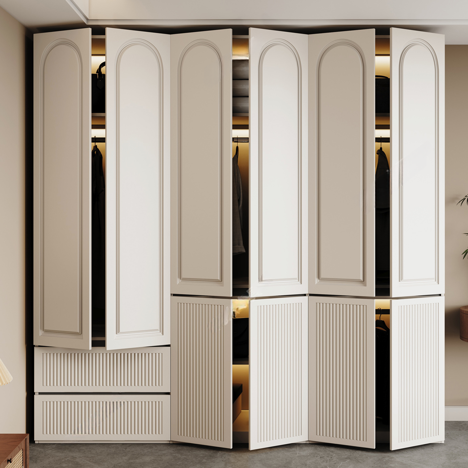 White Minimalist Manufactured Wood Independent Wardrobe Closet with Soft Close Drawer, Soft Close Door, and Interior Shelves