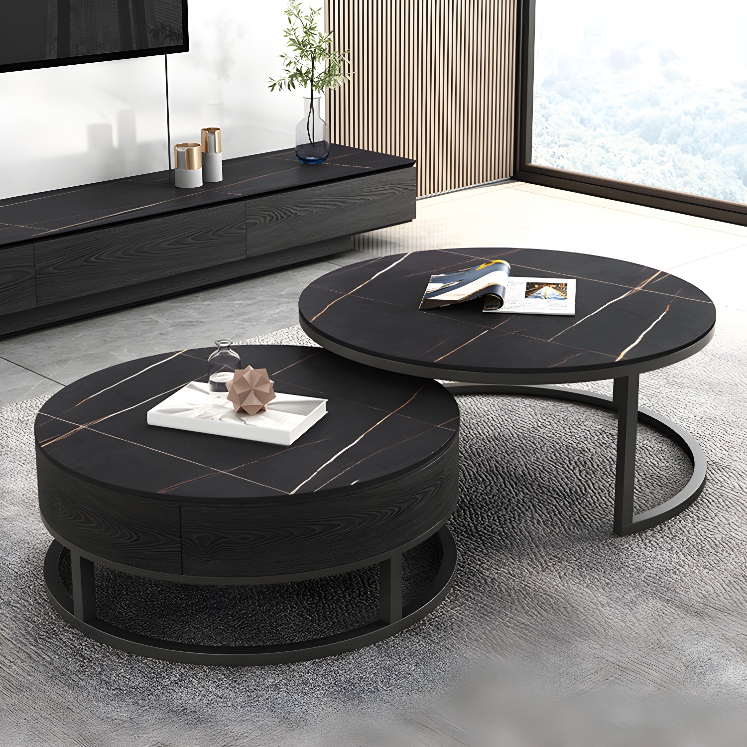 Set of 2 Round Stone Top Modern Nesting Tables with Black Metal Frames and Drawers Included - image 11