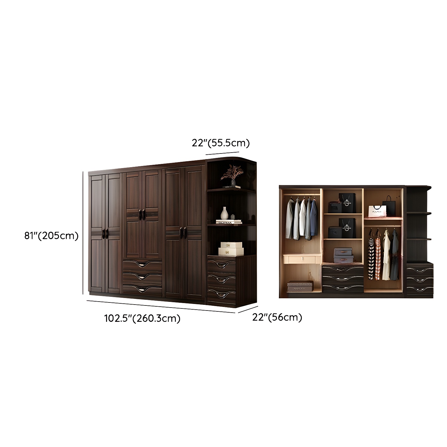 Traditional Black-brown Storage Wood Wardrobe with Clothing Rod and Shelves - image 16