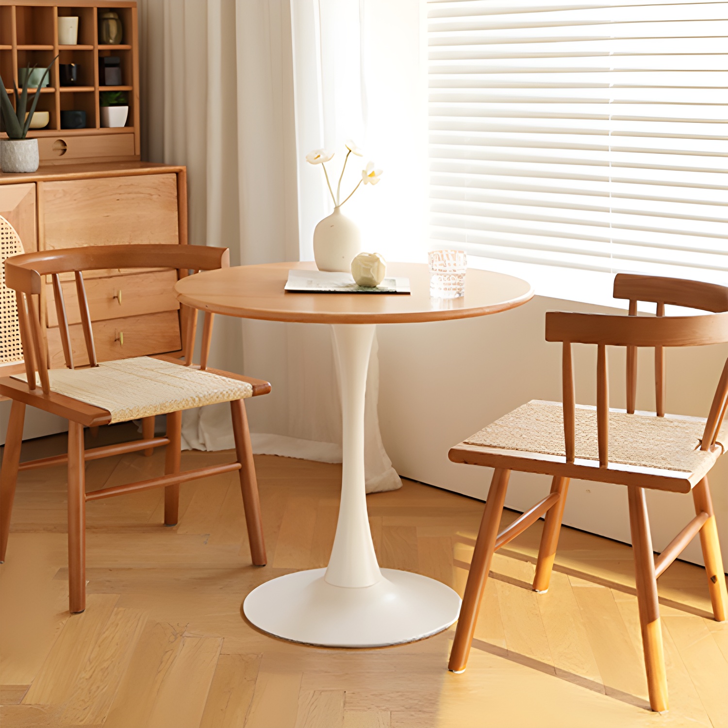 White Round Wood Dining Table with Steel Tulip Base, Modern Design - image 5