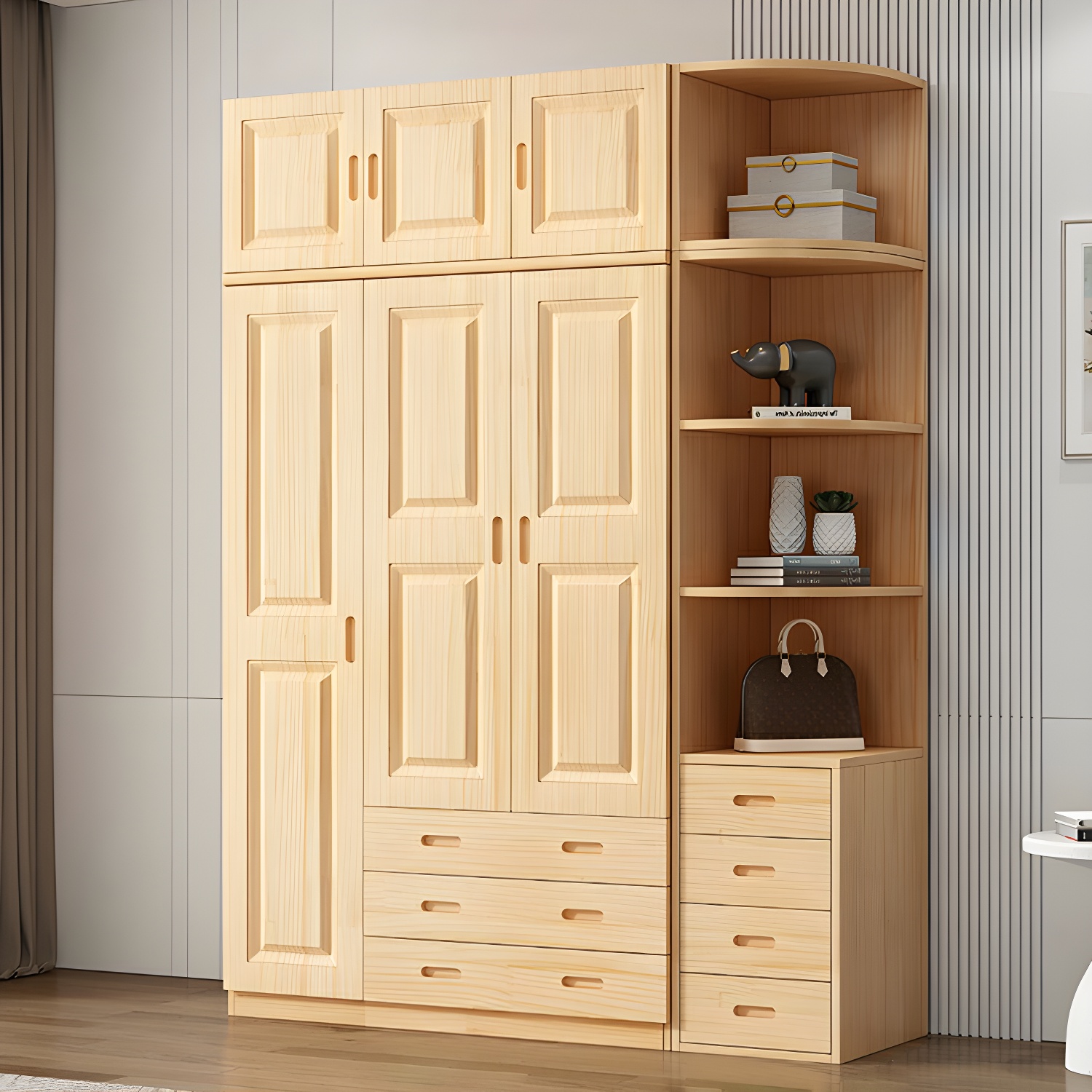 Modern Natural Pine Wardrobe Armoire with Drawers and Clothing Rod - image 4