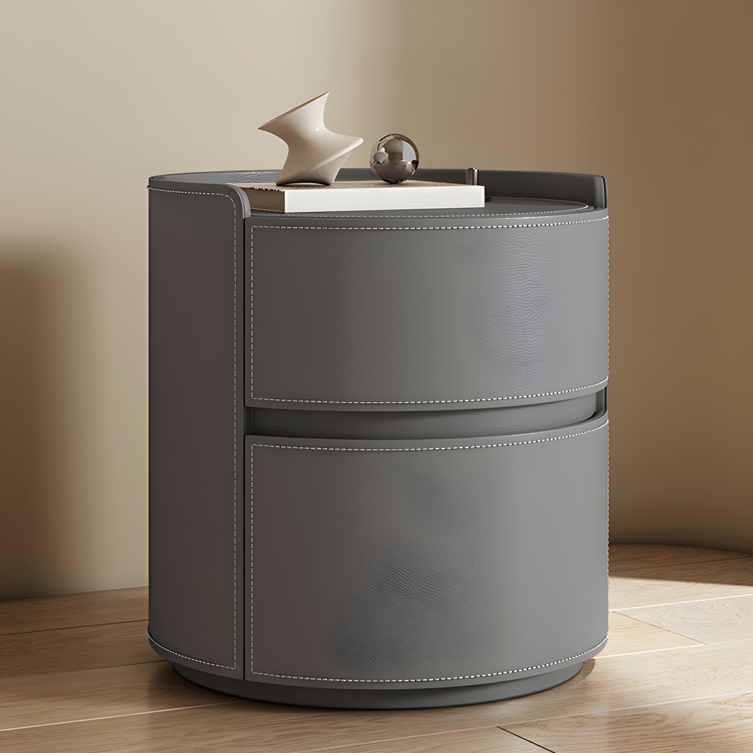 Modern Faux Leather Round Nightstand with 2 Drawers in Under 21 in. Narrow Size - image 8
