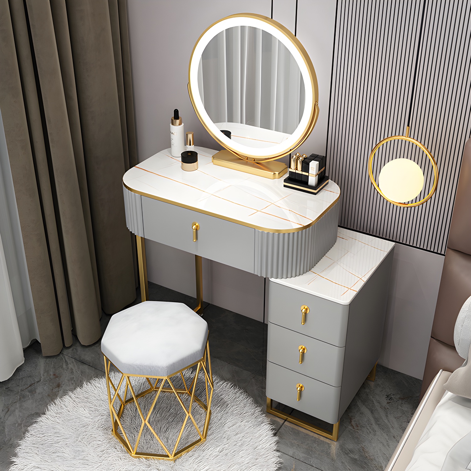 Gold Base Makeup Counter 15.74" Wide Vanity Tables with Storage Drawers - image 4