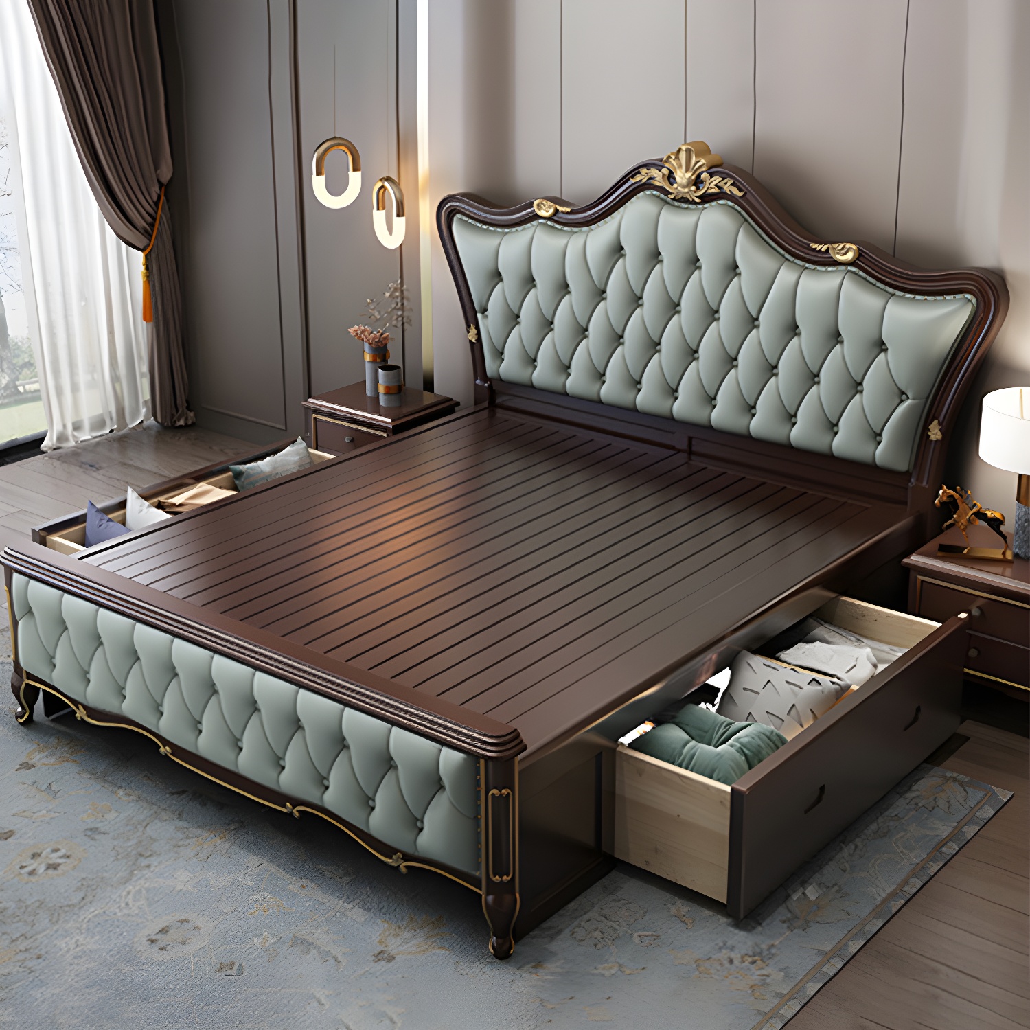 84.65 inch Wide Glam Bed Frame Rubberwood Solid Color Standard Bed with Headboard - image 8