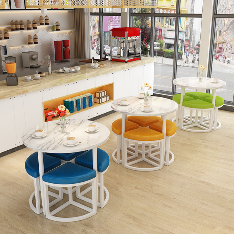 Reclaimed Wood Round Dining Table Set with Metal Toboggan Base and Upholstered Backless Chairs for 4 People - image 7
