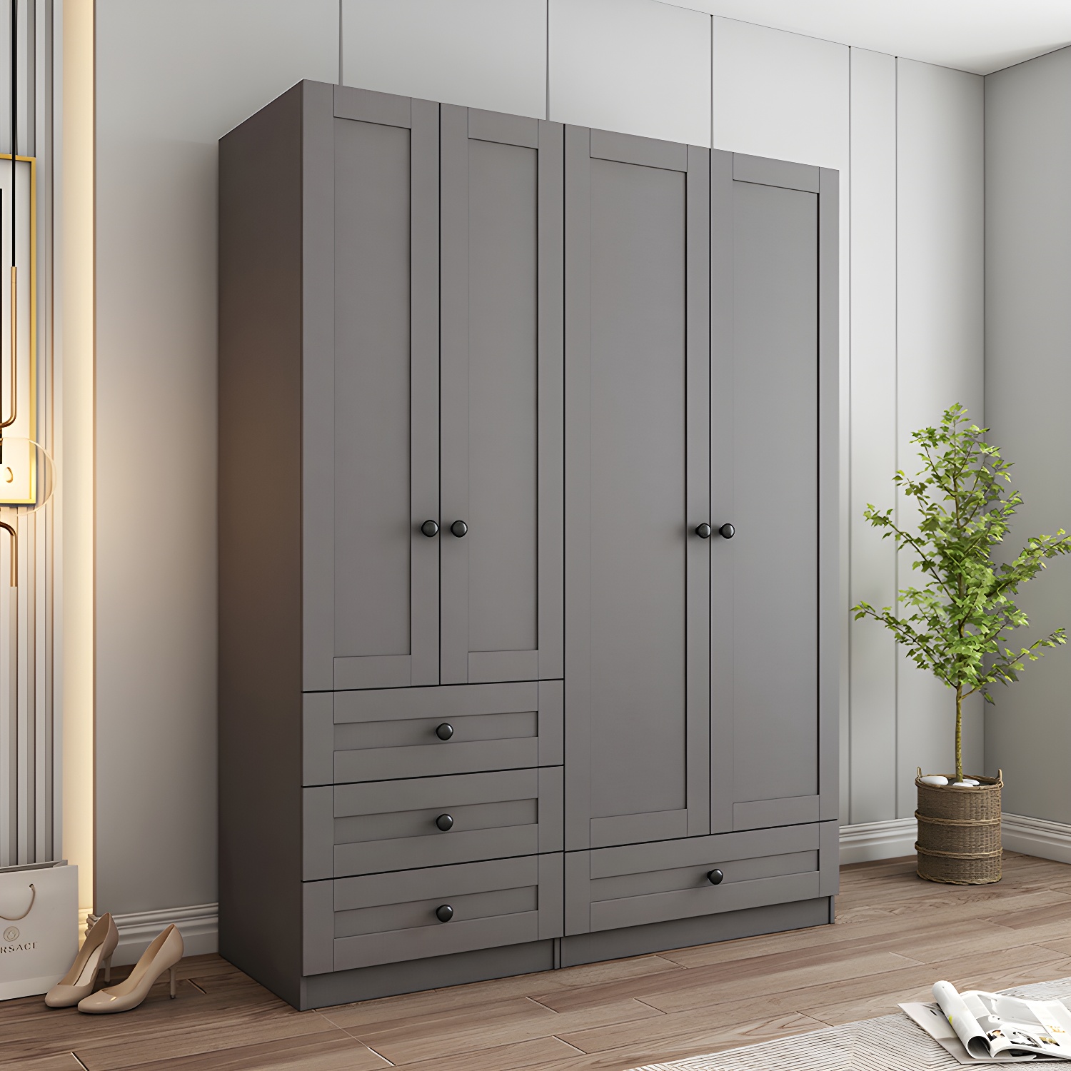 Contemporary Grey Wardrobe Armoire Engineered Wood Wardrobe Closet - image 13
