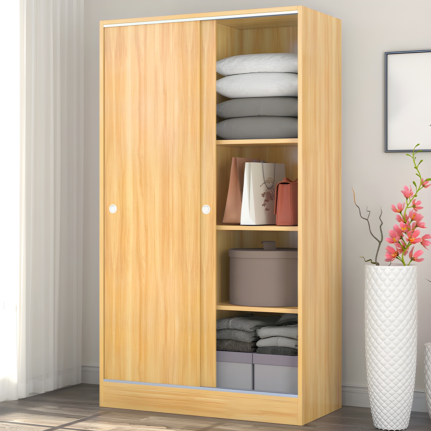 White Wood Double Door Industrial Wardrobe 5 Shelves Cabinet - image 4