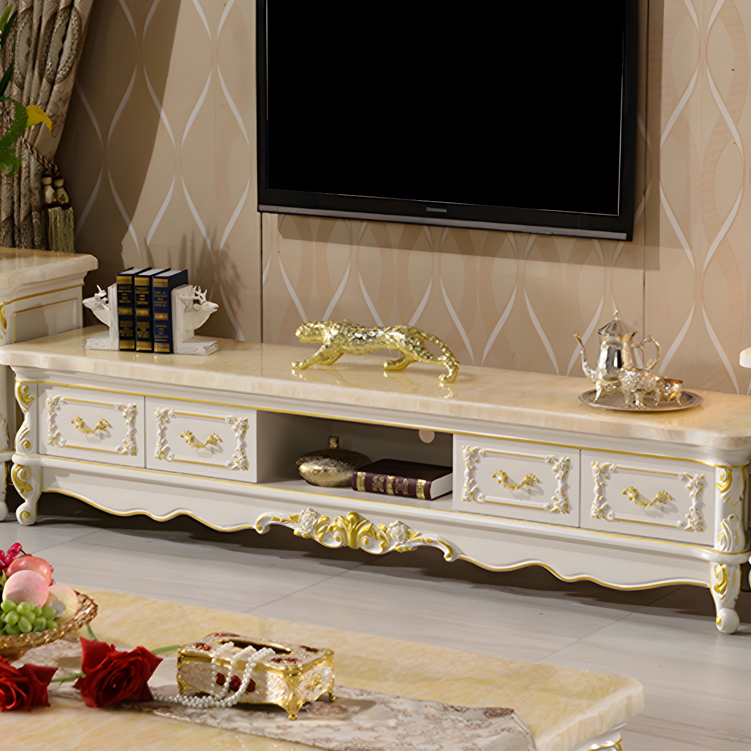 Traditional Marble Top TV Cabinet Solid Wood Crafted TV Stand for Living Room - image 10