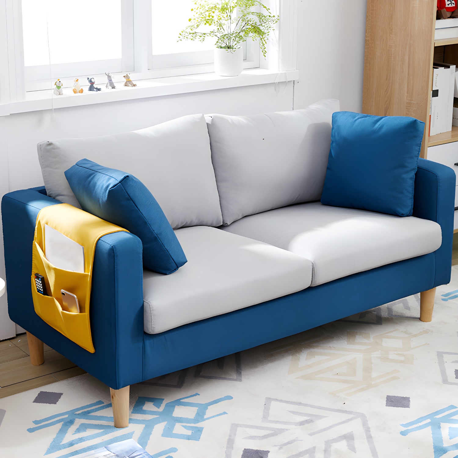 Contemporary Square Arm Couch Faux Leather Loveseat with Pillows