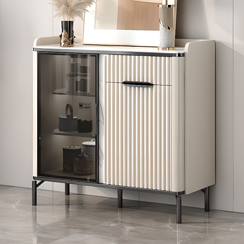 Floor Server/Buffet Table in Slab for Living Room with Glass Doors and Slate Countertop in a Luxurious Style