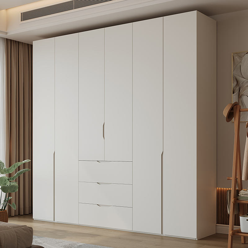 White Modish Laminate Wardrobe Armoire with 3-Drawer, Soft Close Door, Interior Shelves, and Hanging Rod
