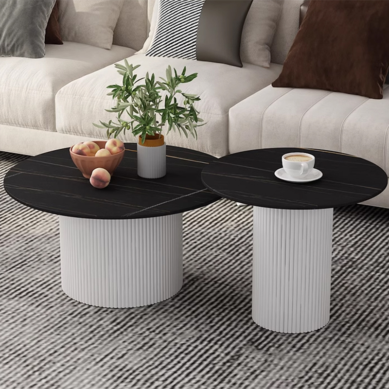 Modern Round Stone Top Coffee Table with Sturdy Metal Pedestal Base in Standard Height - image 7