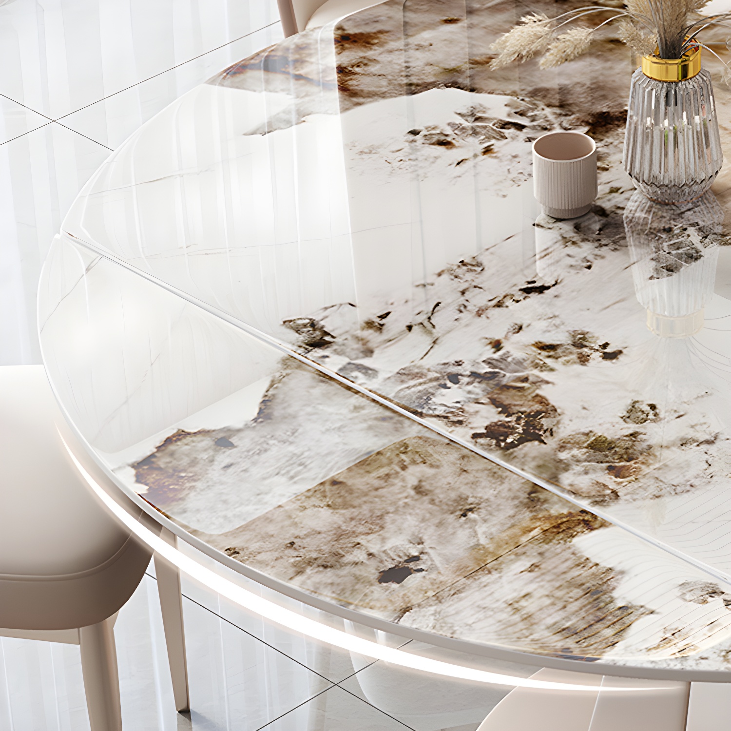 Round Metal Dining Set in White with Gold Pedestal Base and Self-Storing Leaf - 5 Piece Set - image 9
