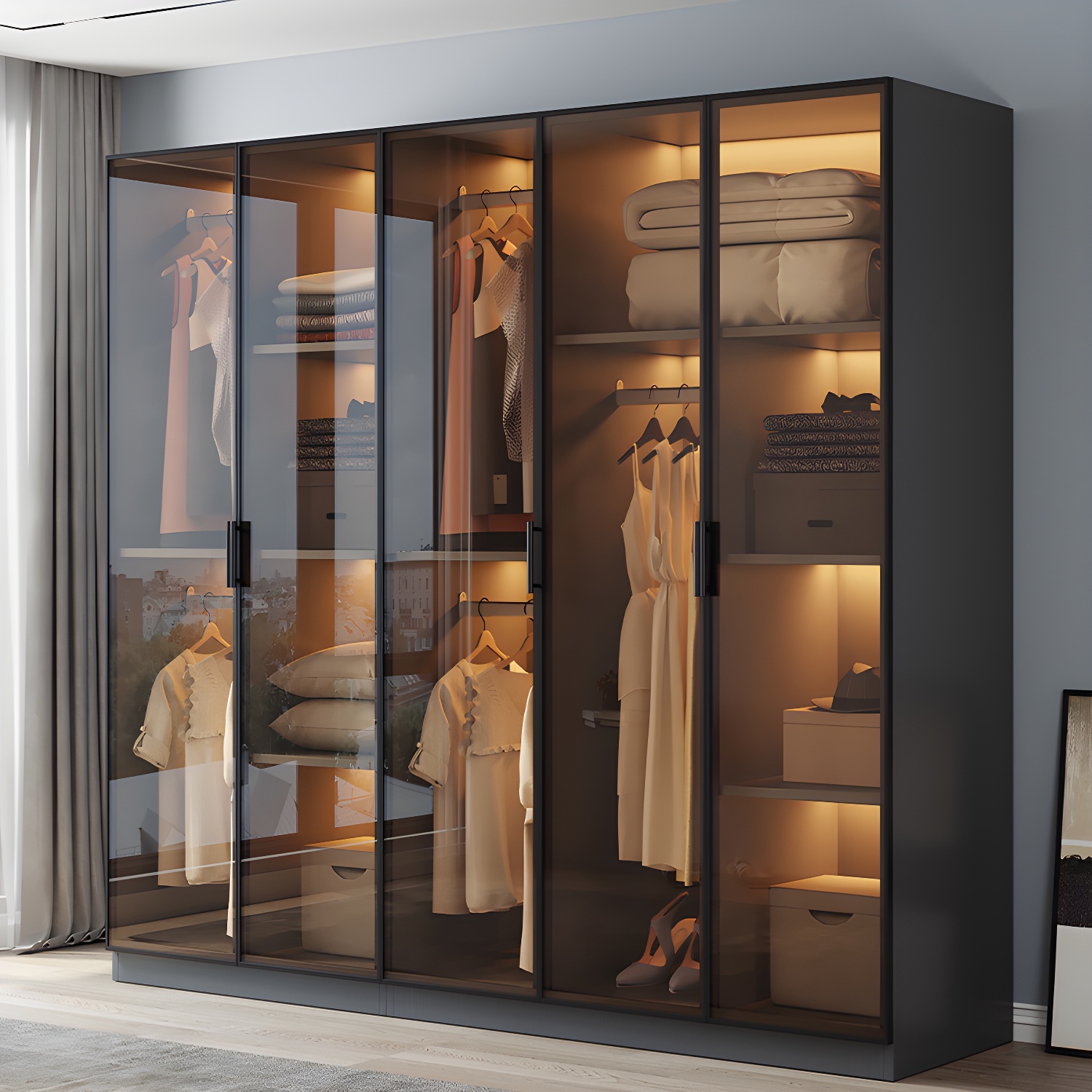 Freestanding Tempered Glass Wardrobe Modern Wardrobe with Garment Rod - image 4