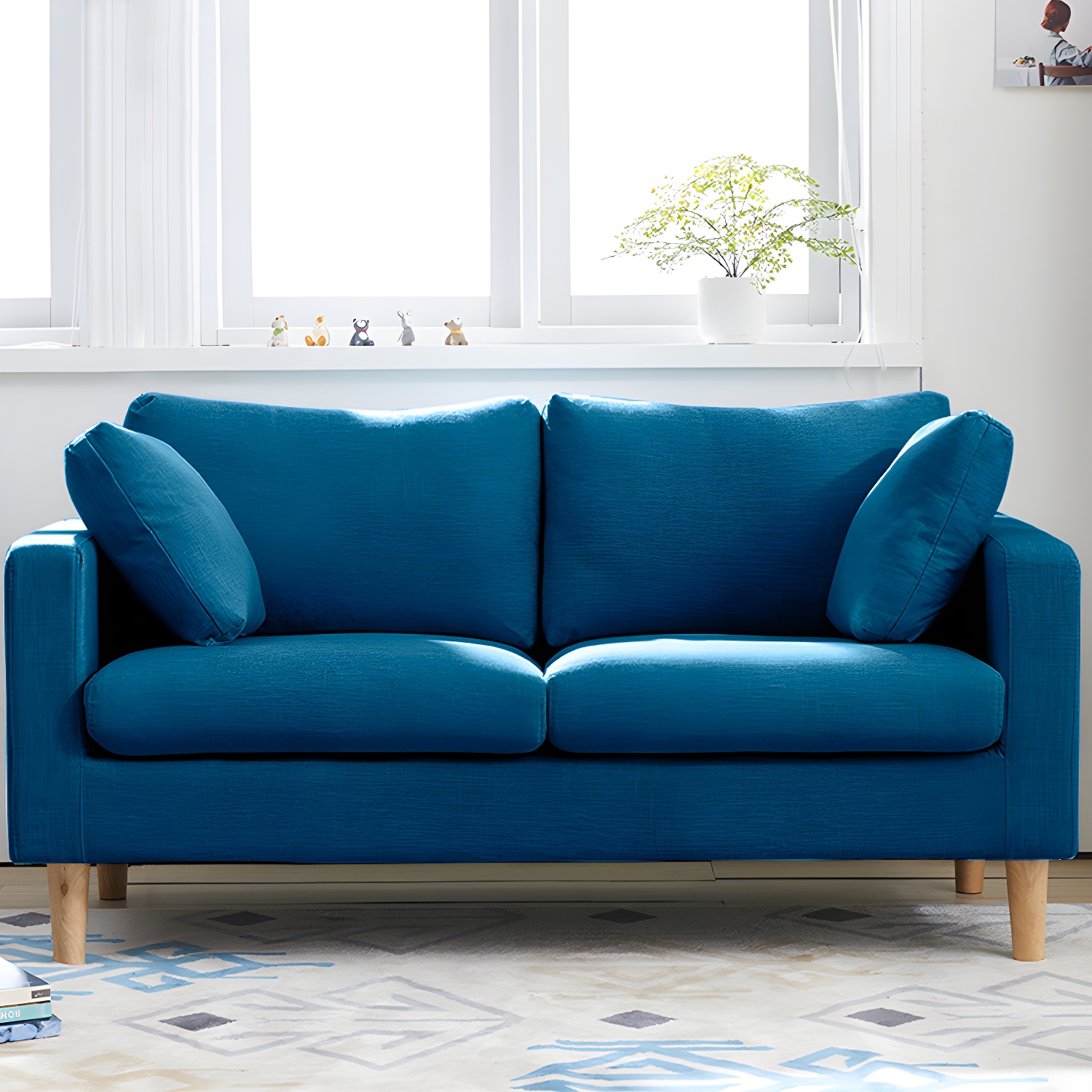 Contemporary Square Arm Couch Faux Leather Loveseat with Pillows