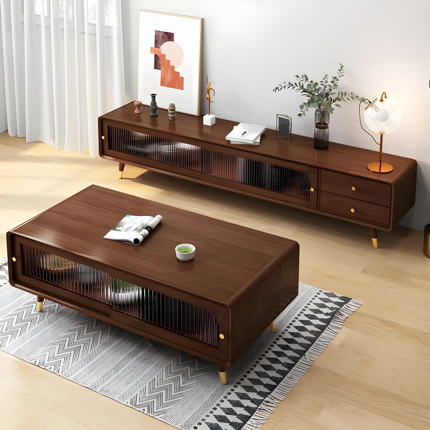Scandinavian Style Low Height Wood TV Stand With 2 Drawers and Cabinet, Size 15.7'' x 17.7'' - image 6