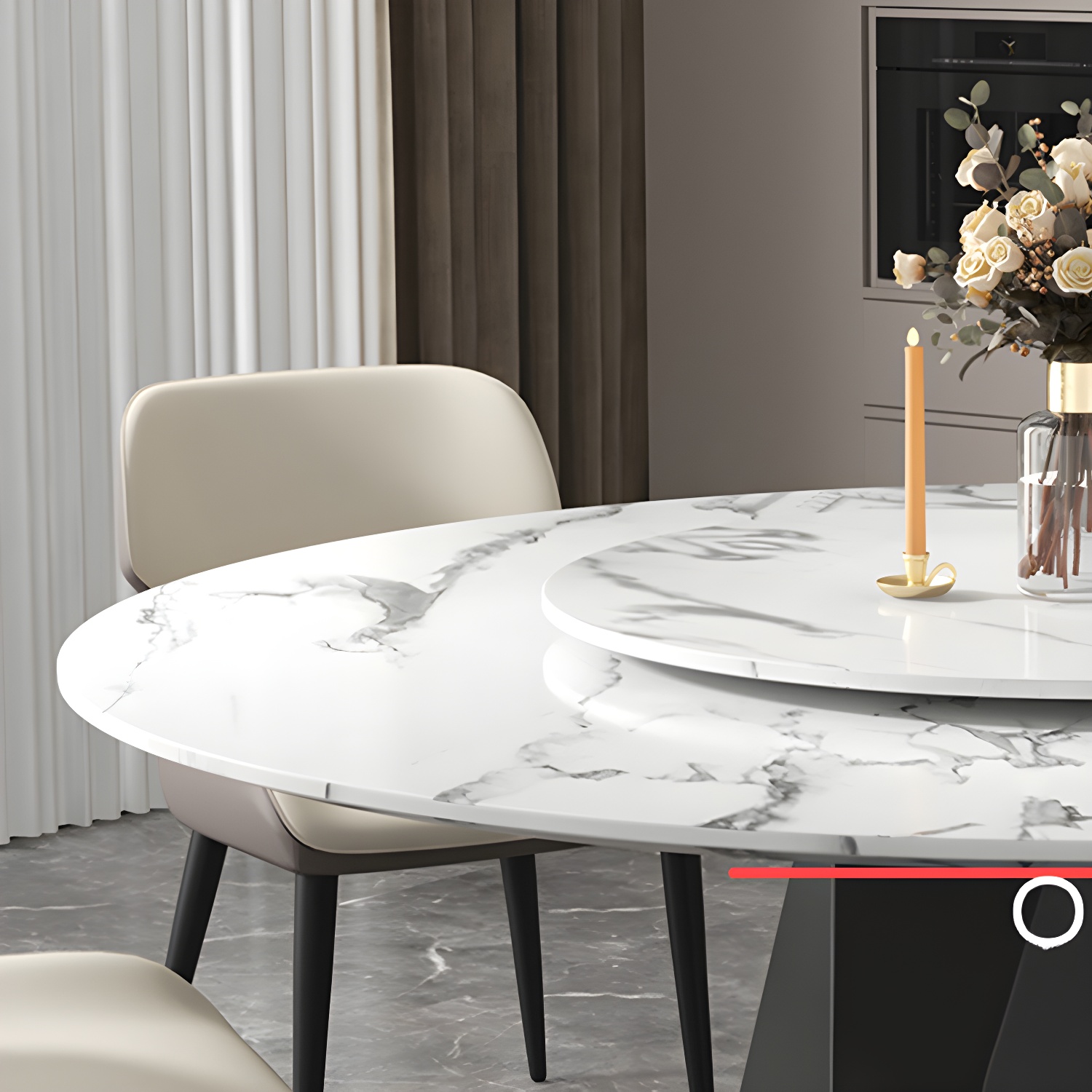 Round White Marble Modern Dining Table with Black Steel Pedestal Base and Convenient Lazy Susan - image 9