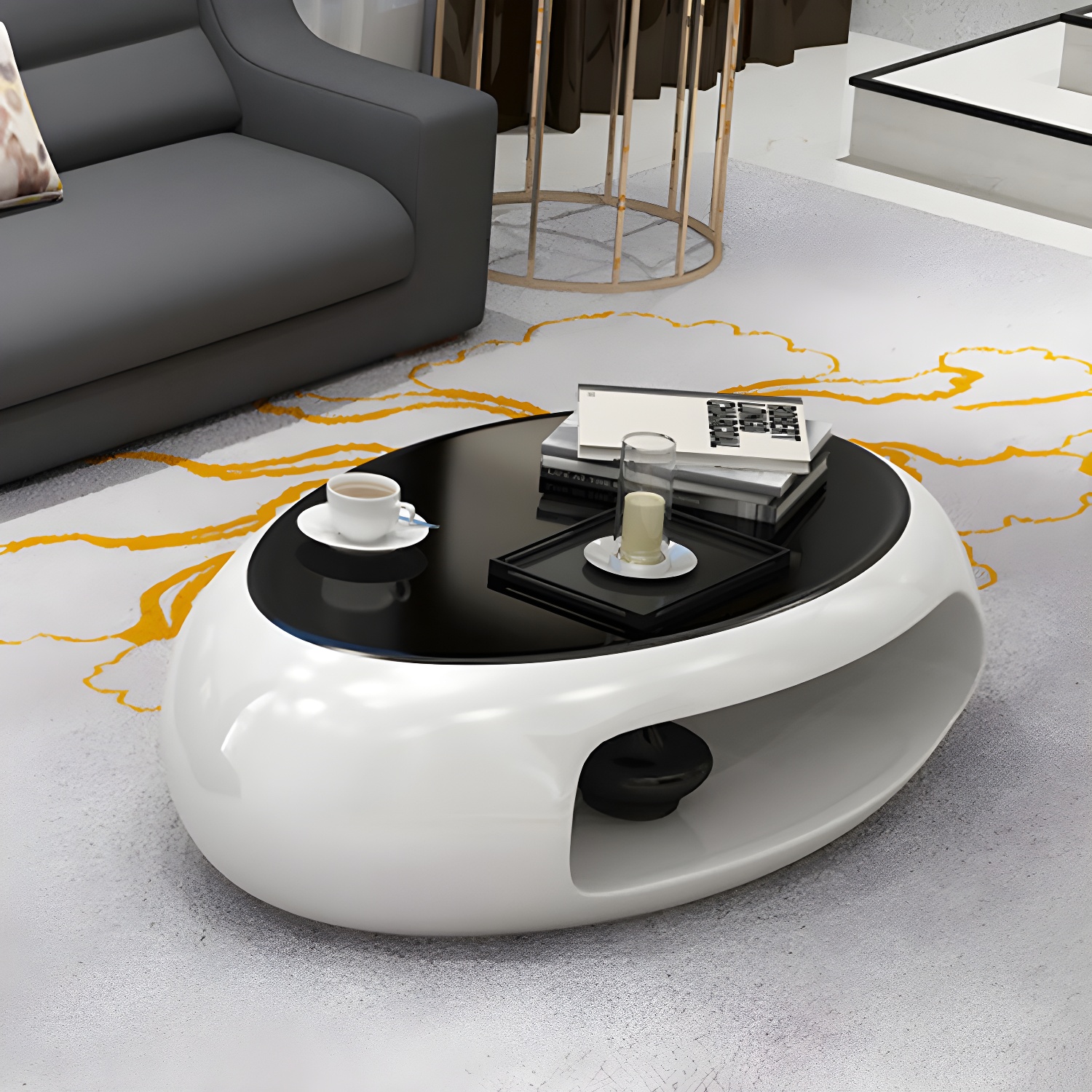 Modern Oval Coffee Table with Storage Shelf and Plastic Pedestal Base - image 5