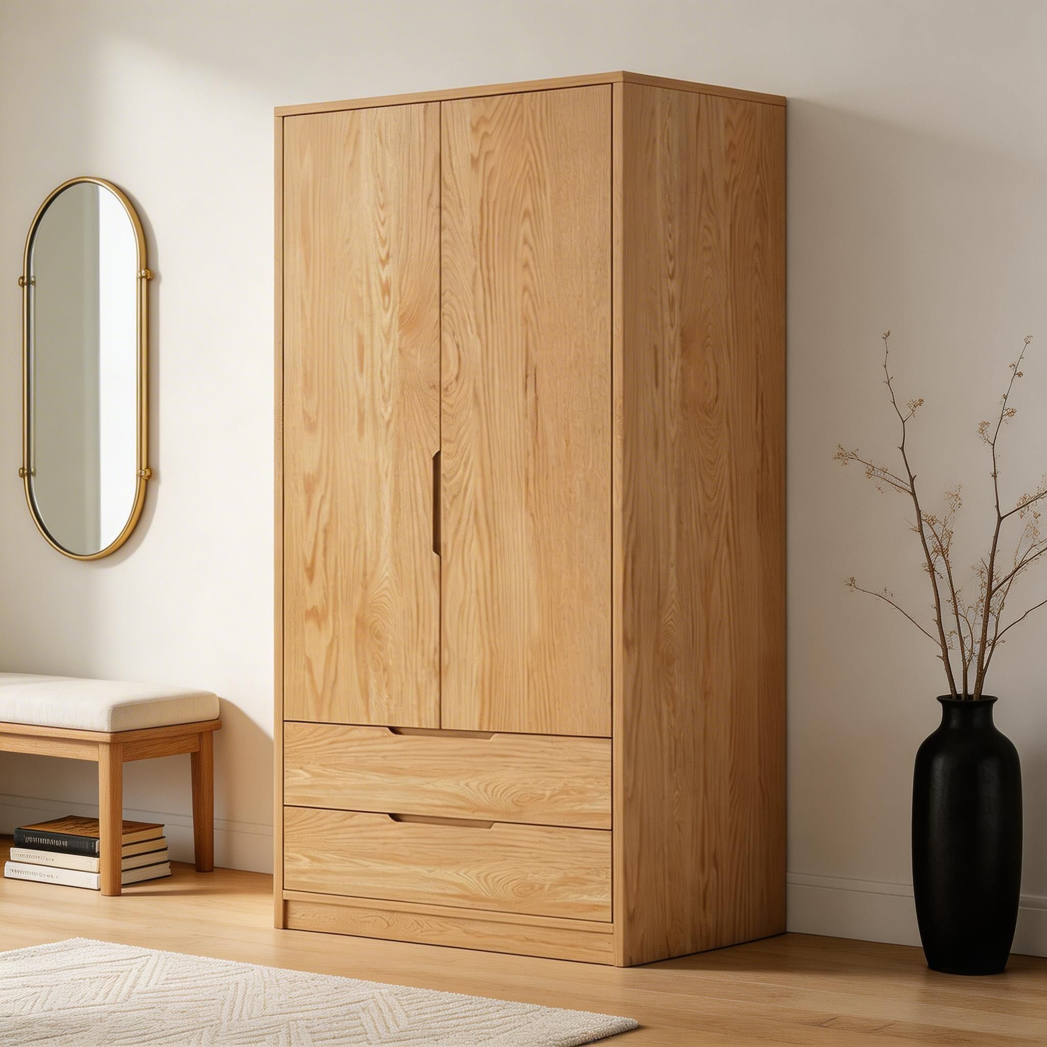 Modern Natural Wood Wardrobe Armoire with Sliding Doors, Drawers, and Shelves - image 48