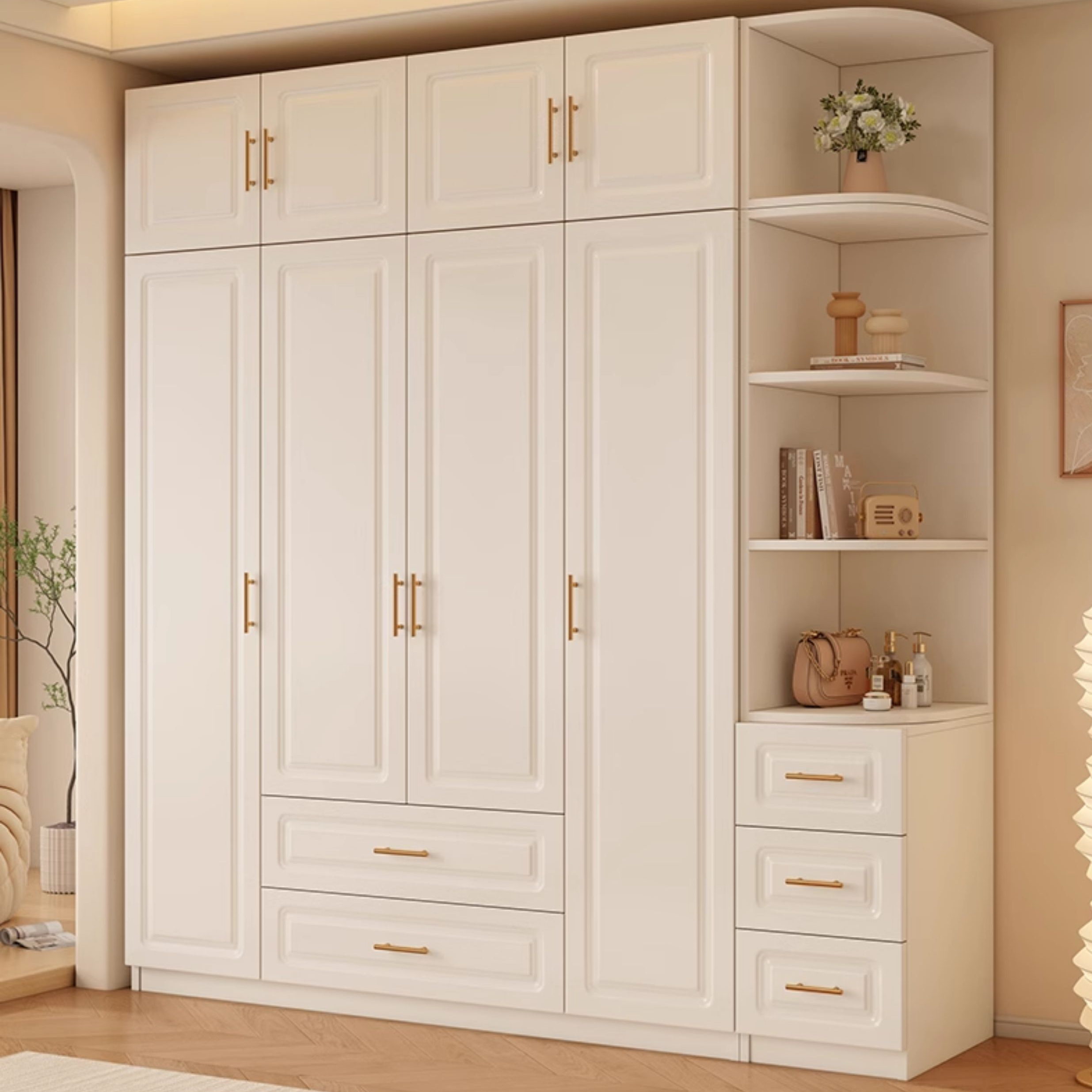 Chalk Modish Laminate Wardrobe Closet with Soft Close Drawer, Soft Close Door, Interior Shelves, and Clothing Rod