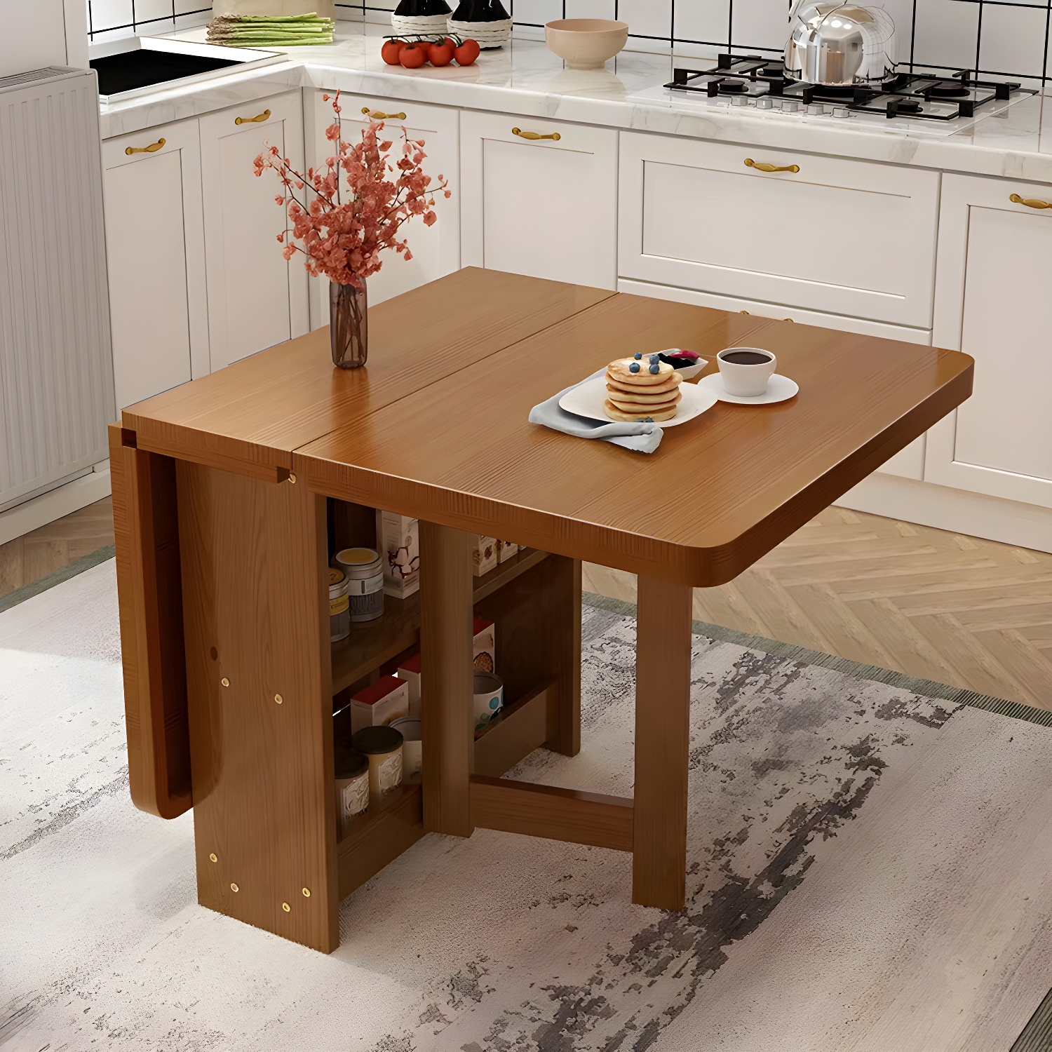 Modern Rectangular Wood Dining Table with Pedestal Base, Seats 4, Drop Leaf Design