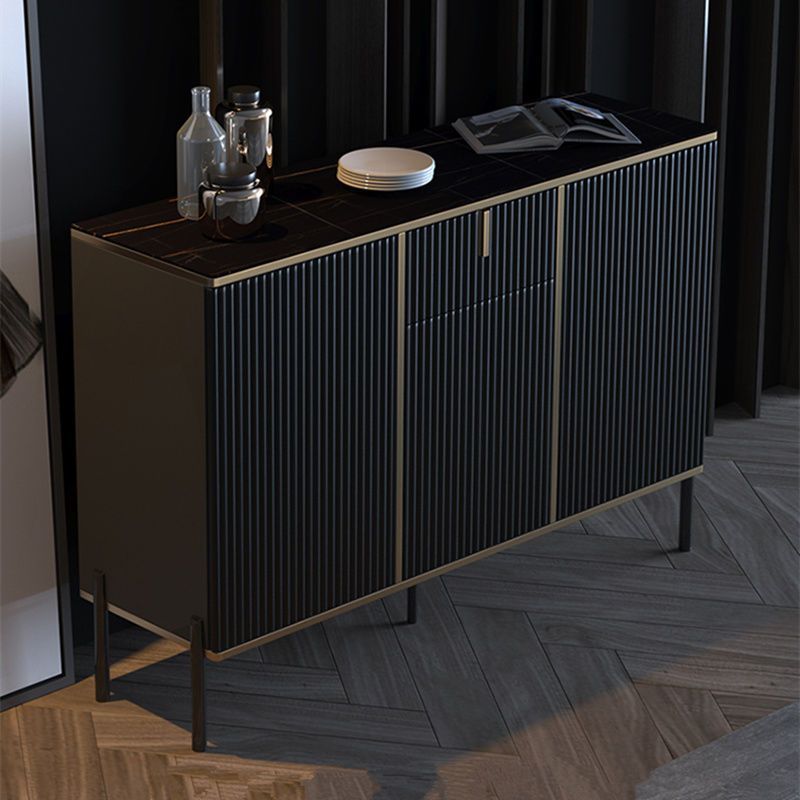 Black Floor Freestanding Sideboard in Wood with Glass Countertop and Kitchen Appliance Storage for Living Room in a Trendy Style - image 2