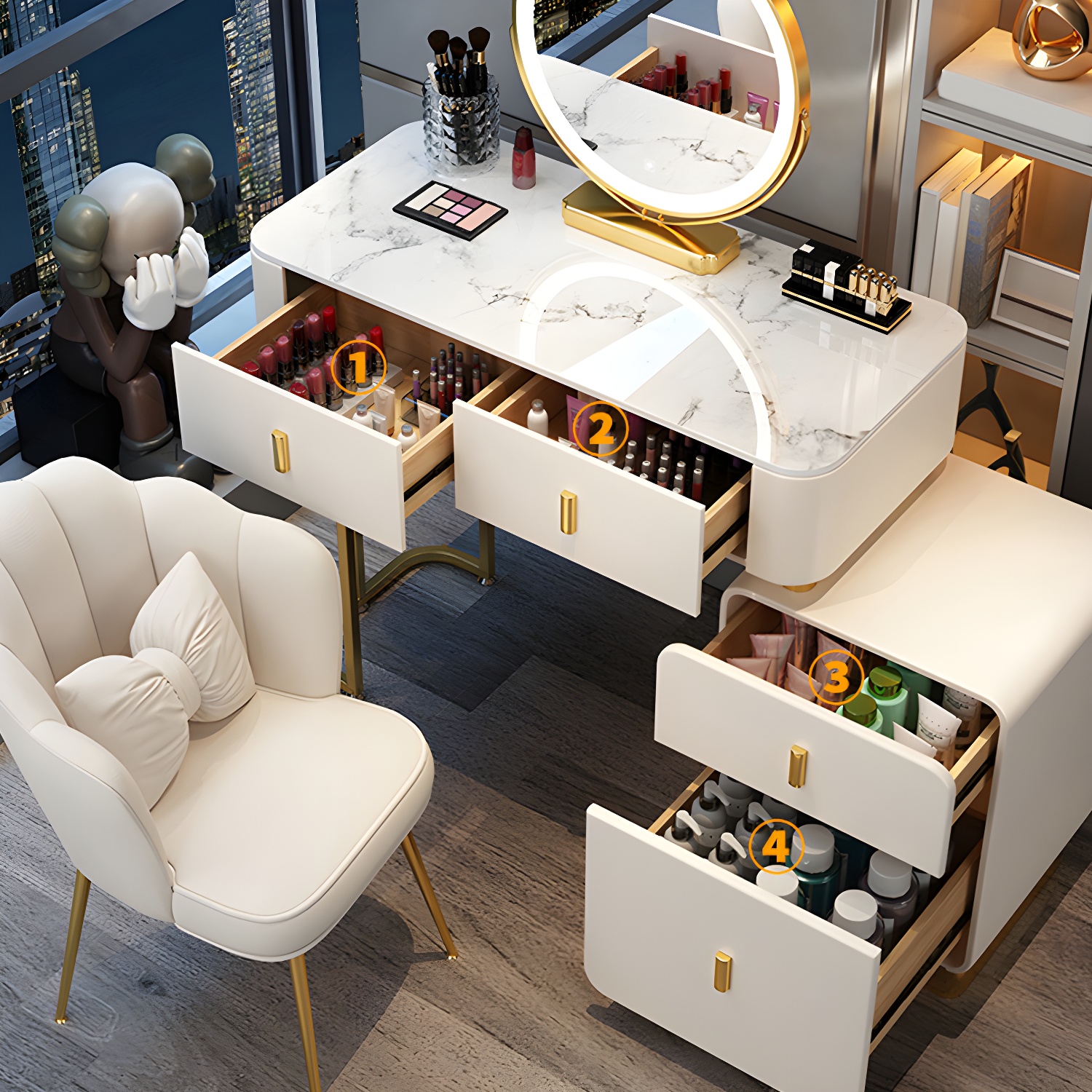 Wood Makeup Vanity Lighted Mirror Vanity Table and Stool Set - image 11