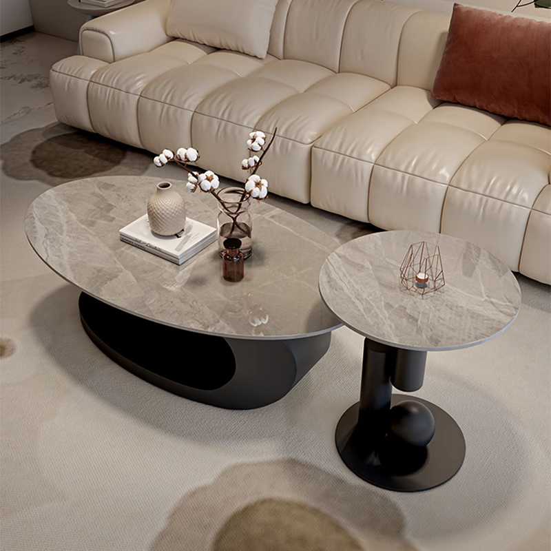 Modern Oval Stone Top Coffee Table, Abstract Iron Base, Scratch Resistant - image 7