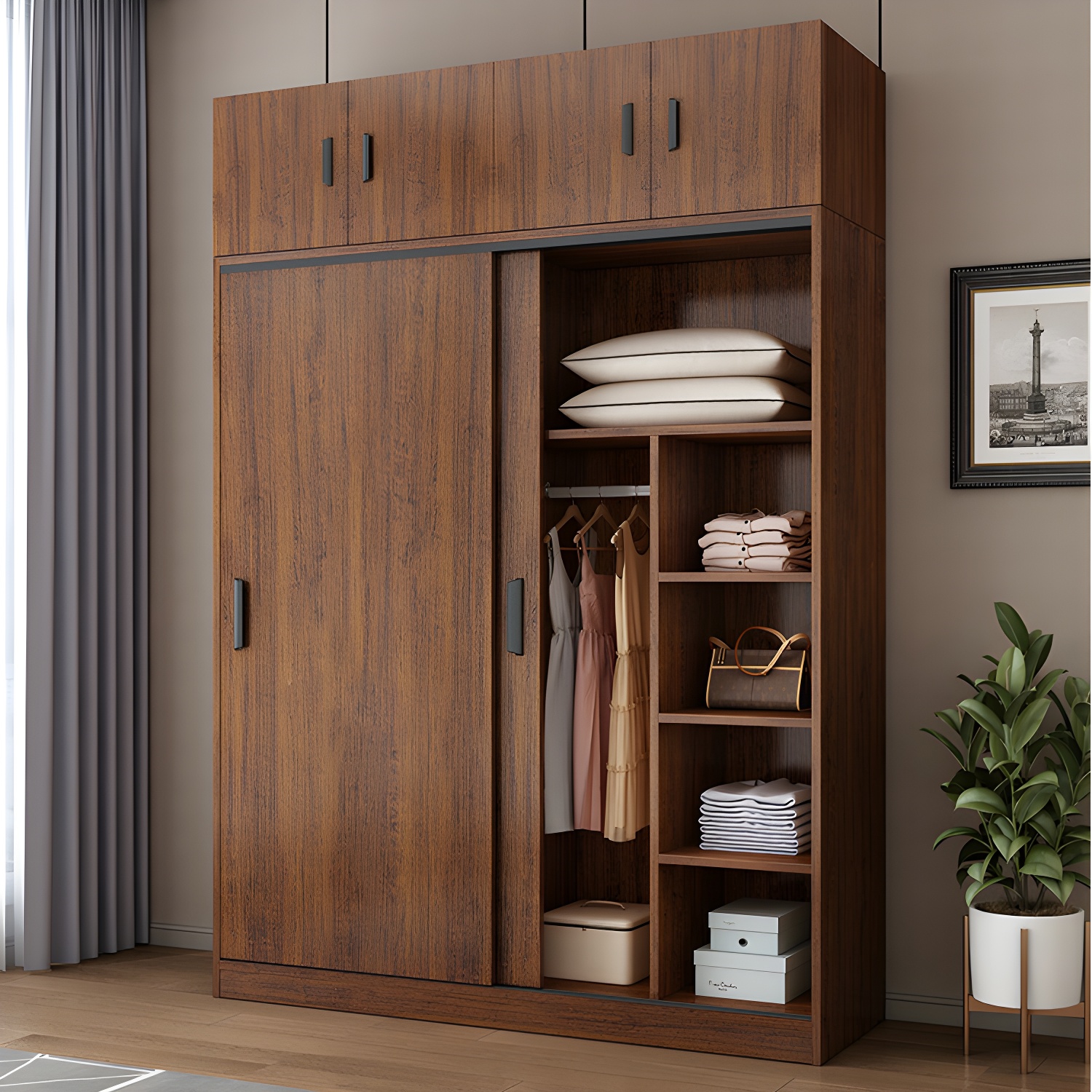 Contemporary Brown Wood Wardrobe Armoire with Clothing Rod & Shelves - image 4