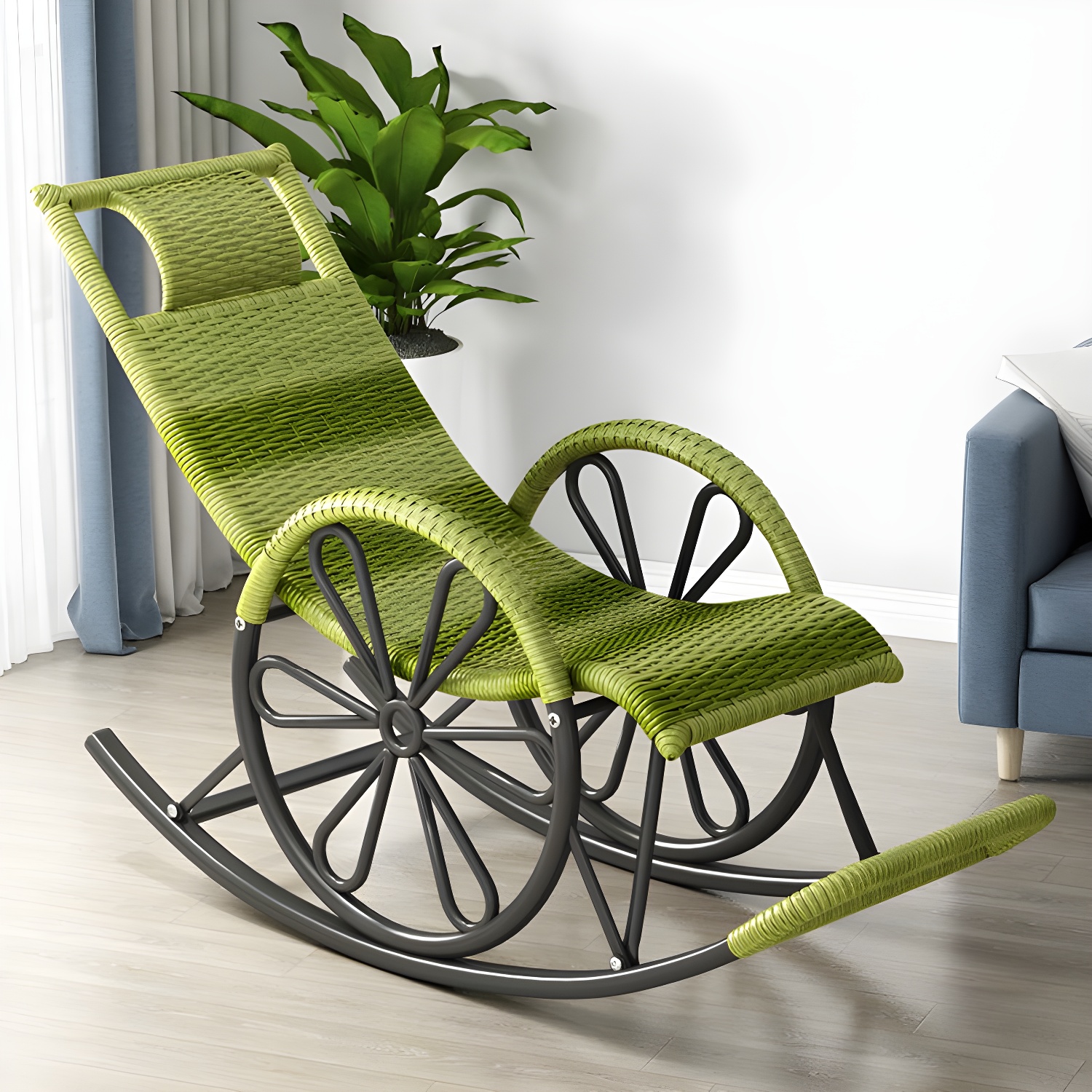Rattan Modern Rocking Chair Woven Rope Rocker Chair in Black - image 5