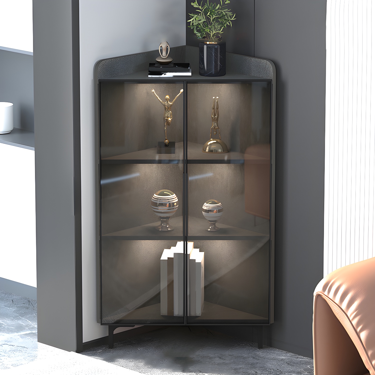 Scandinavian Corner Accent Cabinet with Glass Doors and Black Metal Base - Small Size - image 3