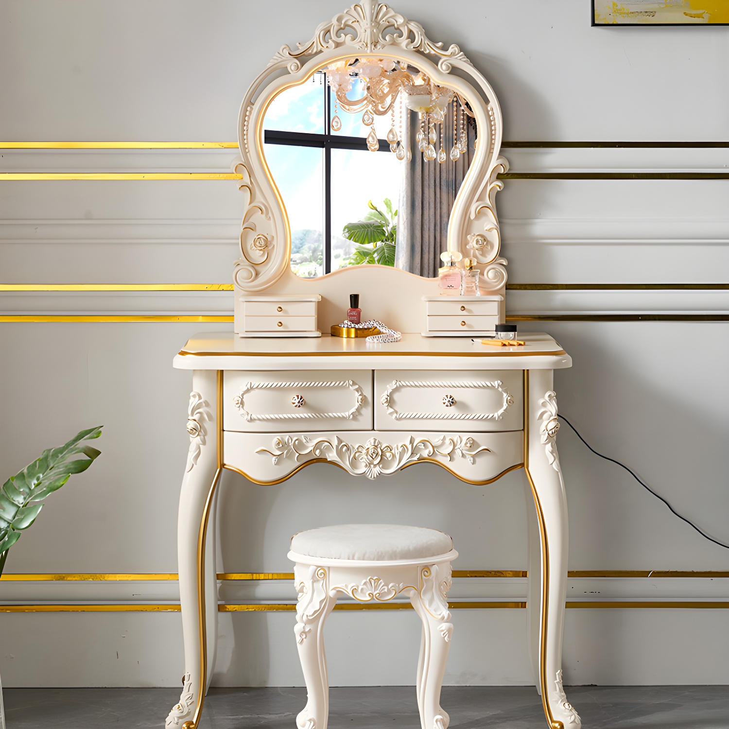 Victorian Make up Table Stool Set with Mirror and Drawers for Bedroom - image 4