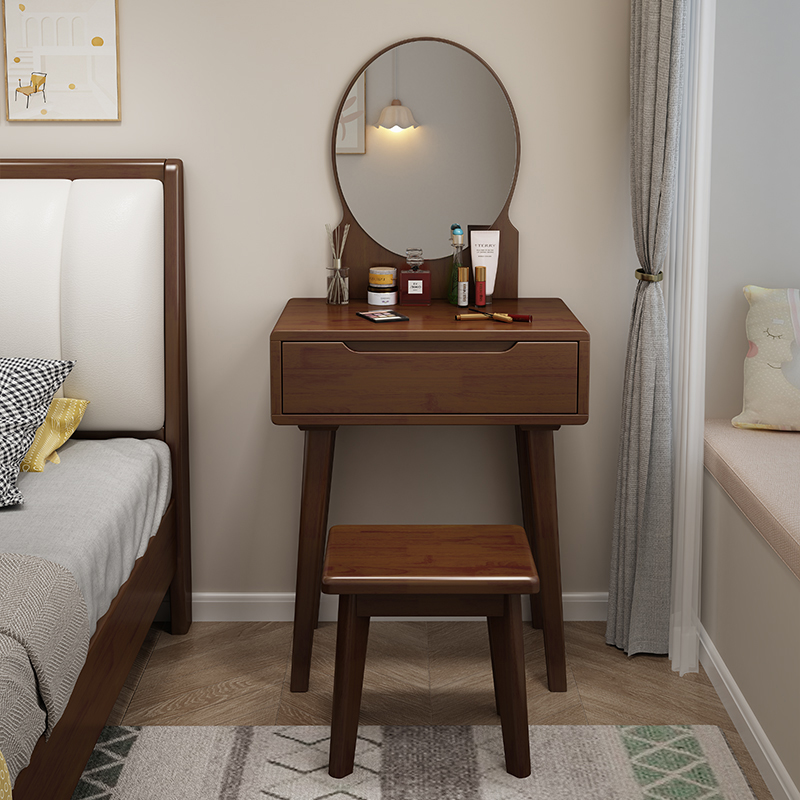 Contemporary Medium Wood Rubberwood Push-Pull Standing Makeup Vanity, No Suspended, Non-Upholstered Chair(s)
