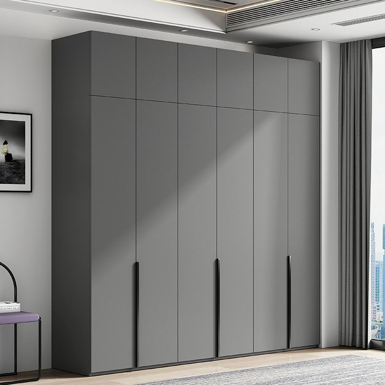 Contemporary Grey Wood Storage Wardrobe with Clothing Rod and Black Handles