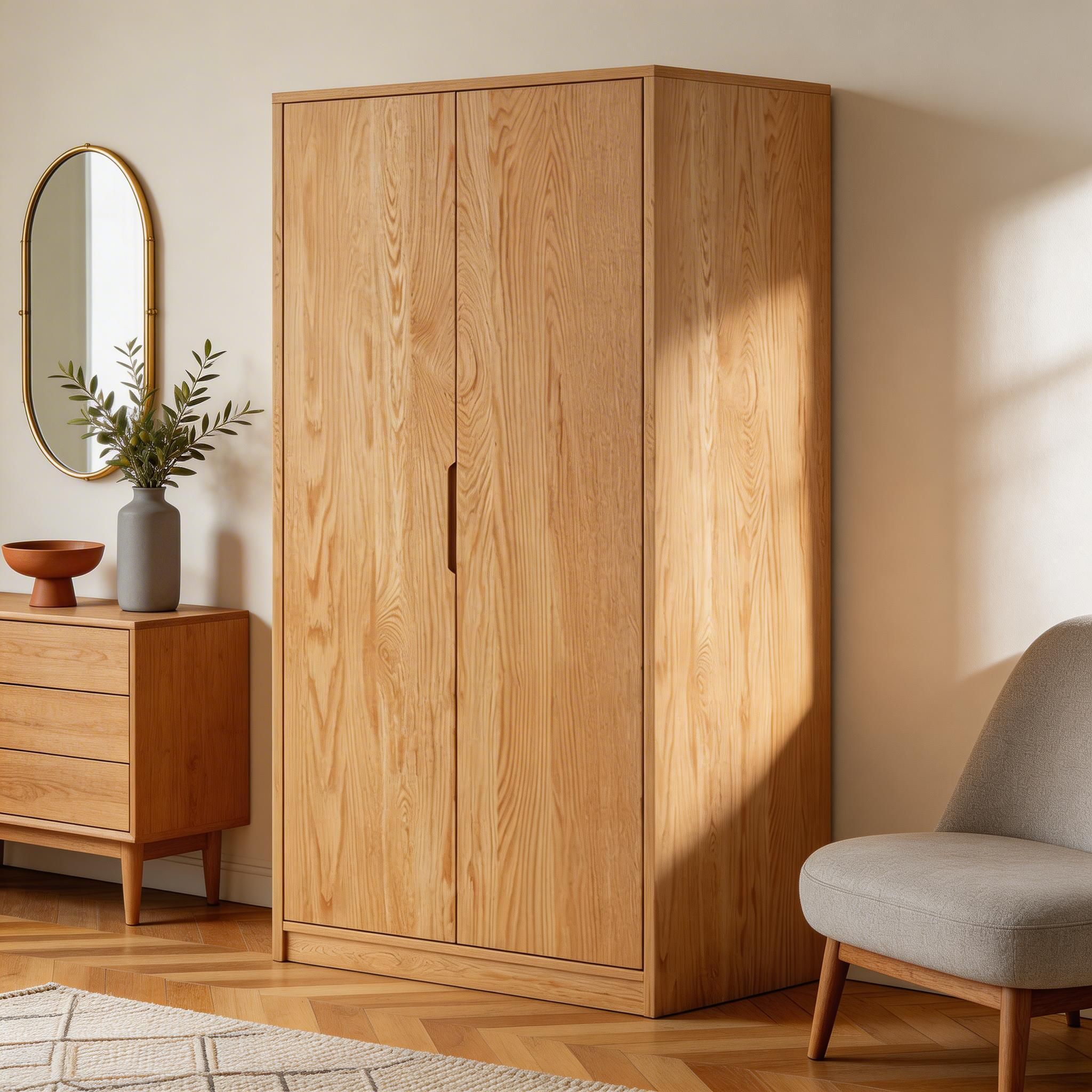 Modern Natural Wood Wardrobe Armoire with Sliding Doors, Drawers, and Shelves - image 49