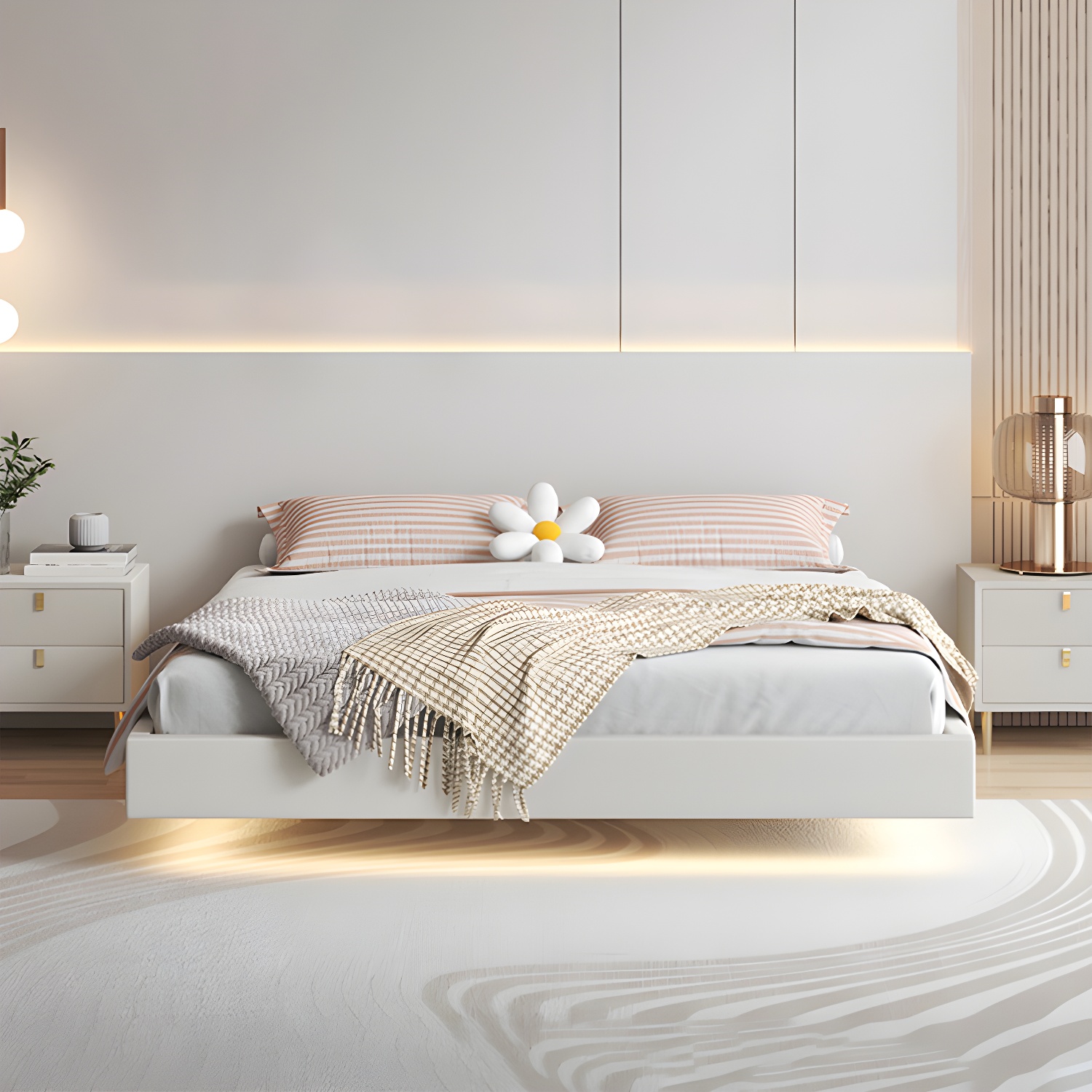 Contemporary Style White Standard Bed Pine Wood Platform Bed Frame
