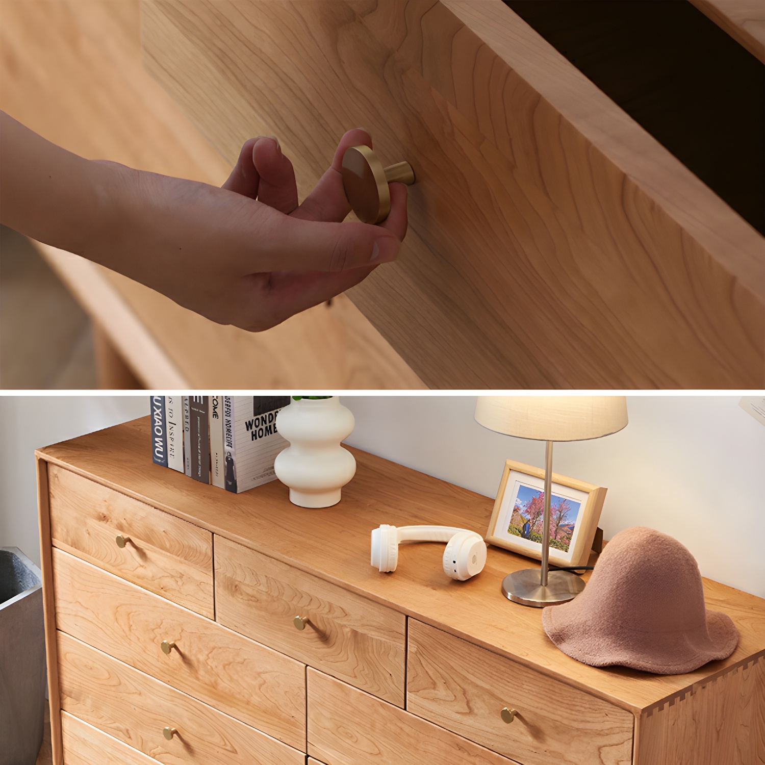 Modern Brown Wood Dresser with Drawers and Gold Metal Handles - image 8