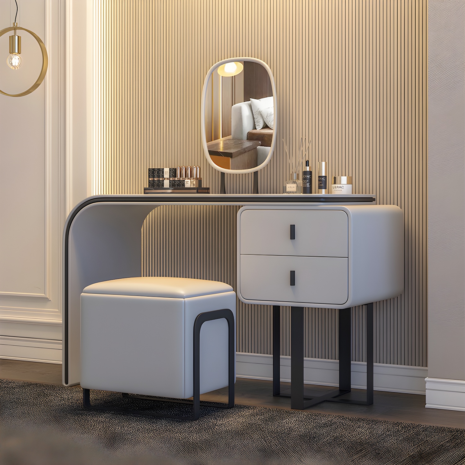 Glam Vanity Set With Drawer Leather Mirror Bedroom Make-up Vanity